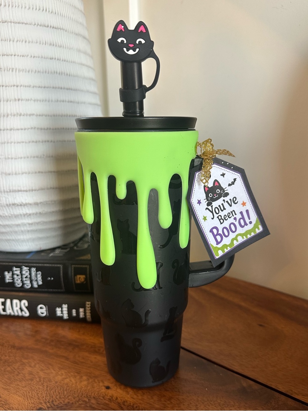 NEW Halloween Black Cat Tumbler w/Green Slime Sleeve + Cat Straw Topper Boo Gift
